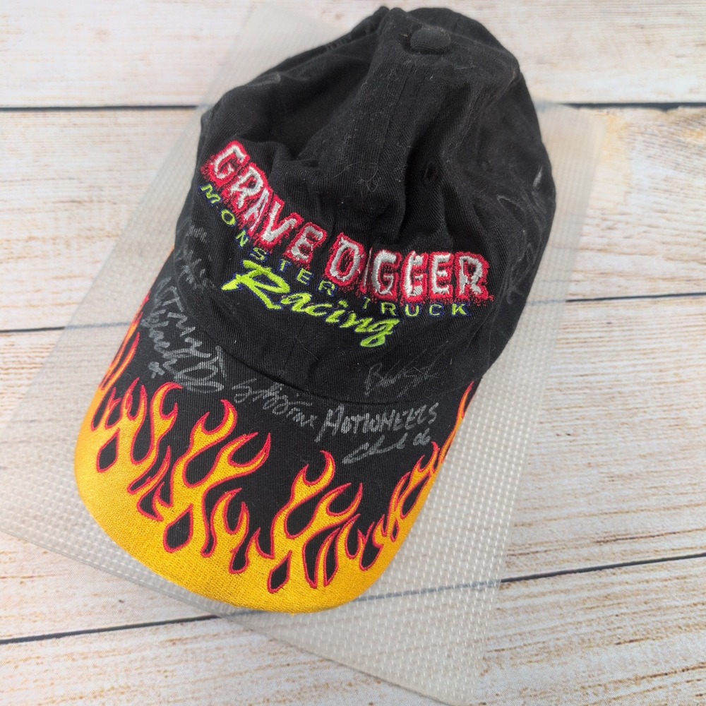 VTG Grave Digger Monster Truck Racing Hat Autographed Signed Flame Brim Black